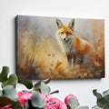 Framed canvas print of an impressionist painting of a fox set against the backdrop of golden autumn leaves and soft brushstrokes