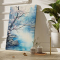 Framed canvas print of a serene watercolour landscape with cherry blossom and tranquil river