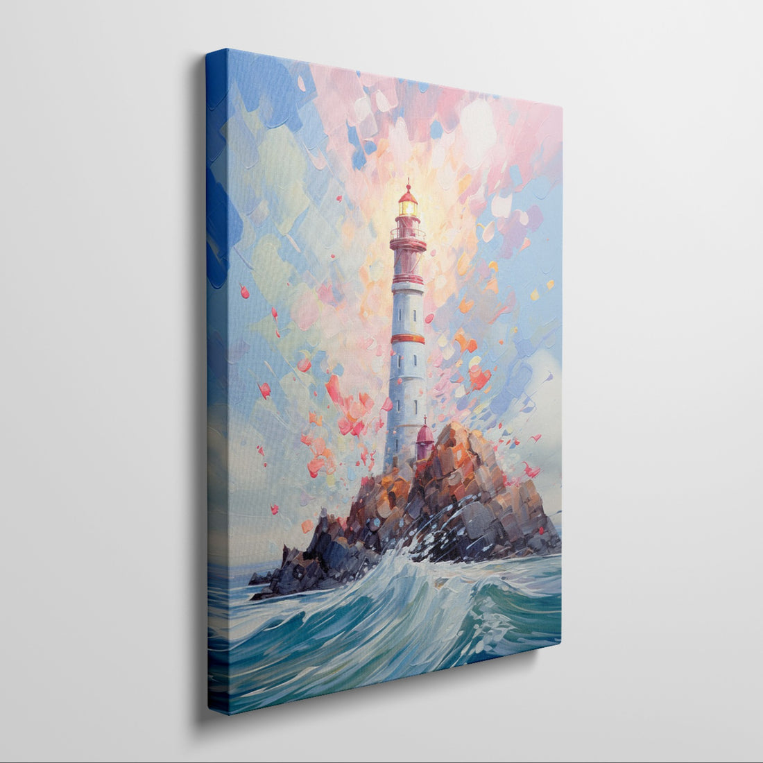 Framed canvas print of an impressionist lighthouse with vivid colours and dynamic sea waves