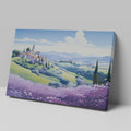 Framed canvas print of stylised Tuscan village landscape with pastel countryside and purple floral field