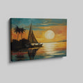 Abstract tropical sunset with a silhouetted sailboat at sea under a large sun with palm trees and calm water reflections.