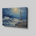 Framed canvas print of a vibrant impasto painting featuring a lighthouse at sunset with dynamic ocean waves