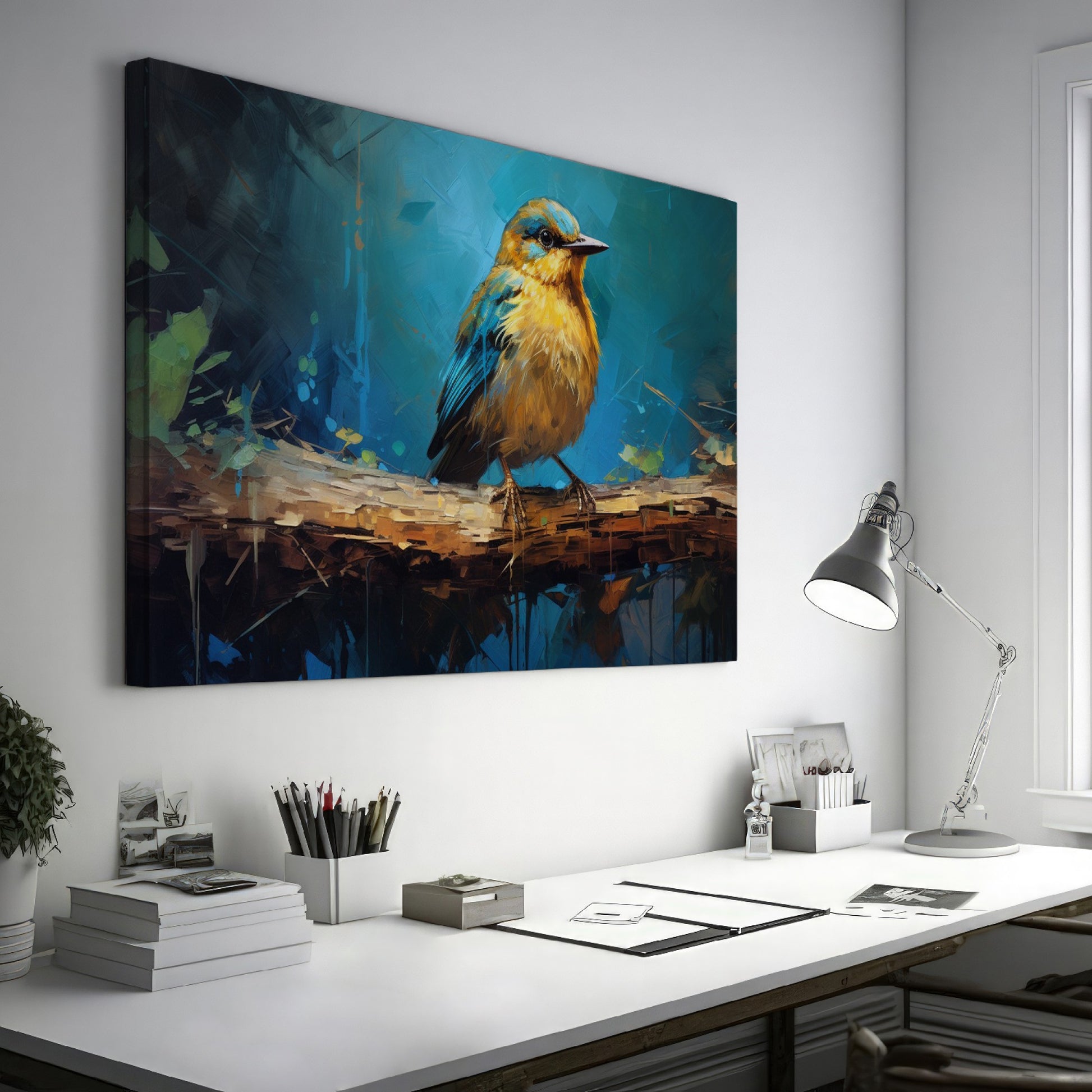 Framed canvas print of a vibrant blue and golden bird on branch with impasto texture