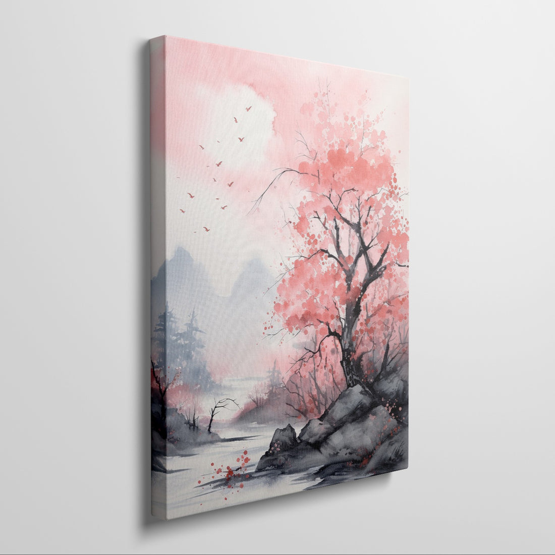 Watercolor painting of pink cherry blossoms with a misty mountain landscape and flying birds.