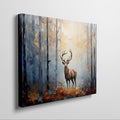 Framed canvas print of a majestic stag in a sunlit, impressionistic autumn forest