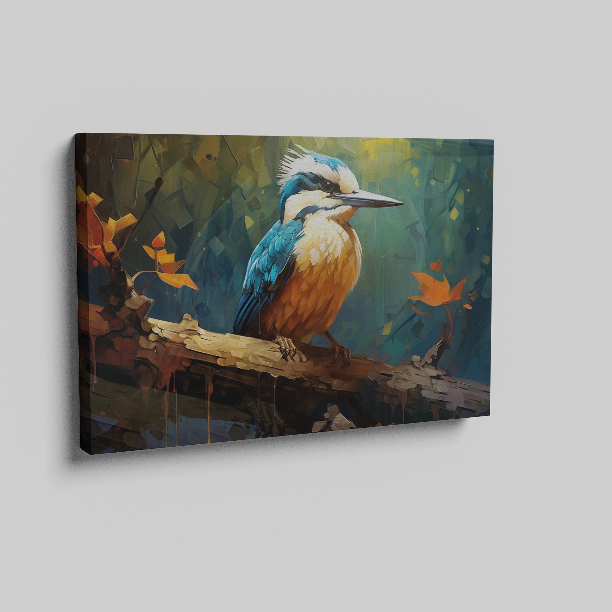 Framed canvas print featuring a vibrant digital art depiction of a kingfisher with autumnal elements