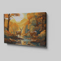 Digital painting of two stags by a river in an autumn forest with a sunset in the background