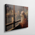 Framed canvas print of a dog looking out of a window at a city scene with warm, glowing lights