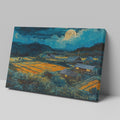 Framed canvas print of a moonlit countryside scene with vibrant fields and rustic homesteads