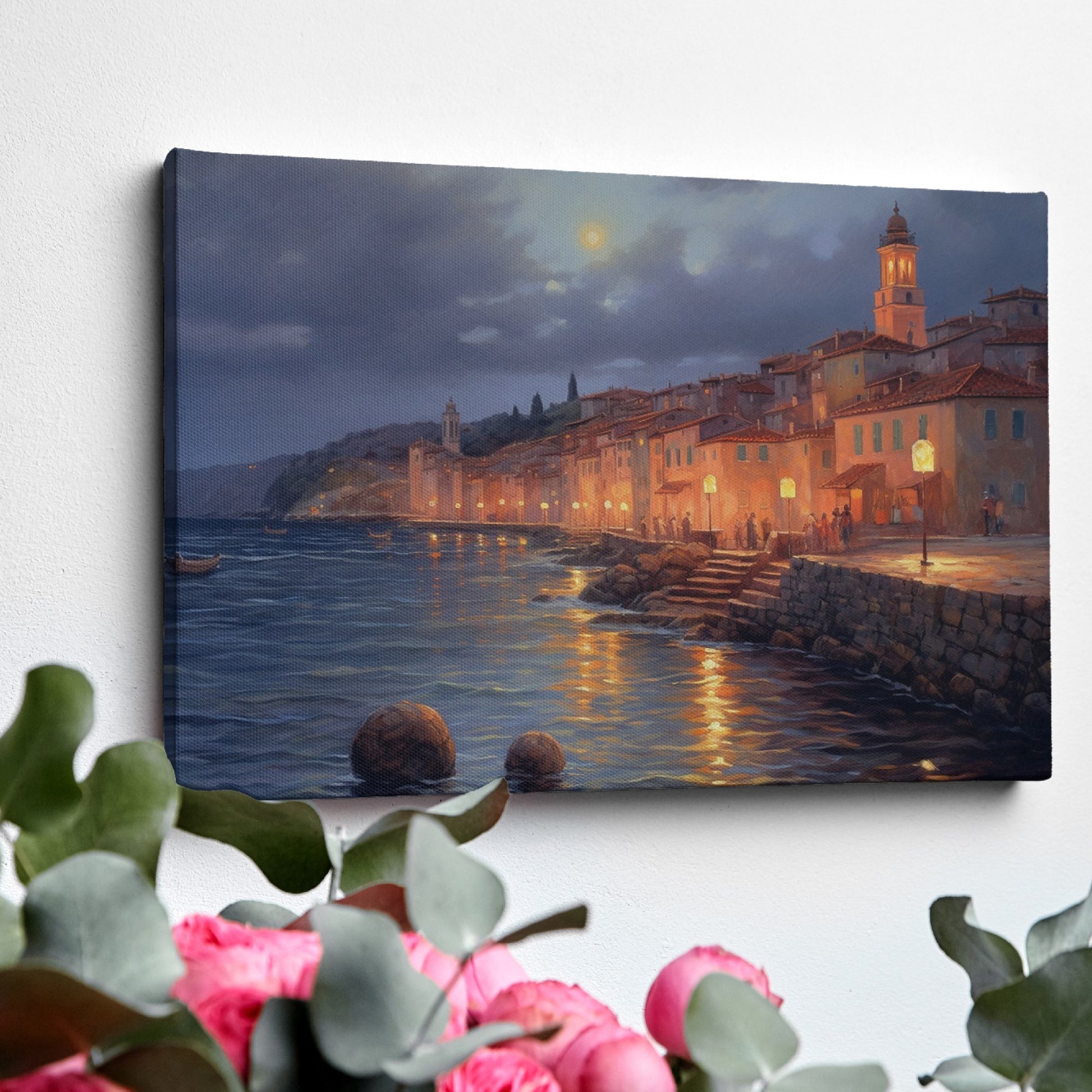 Framed canvas print of a moonlit Mediterranean coastal town with glowing street lamps