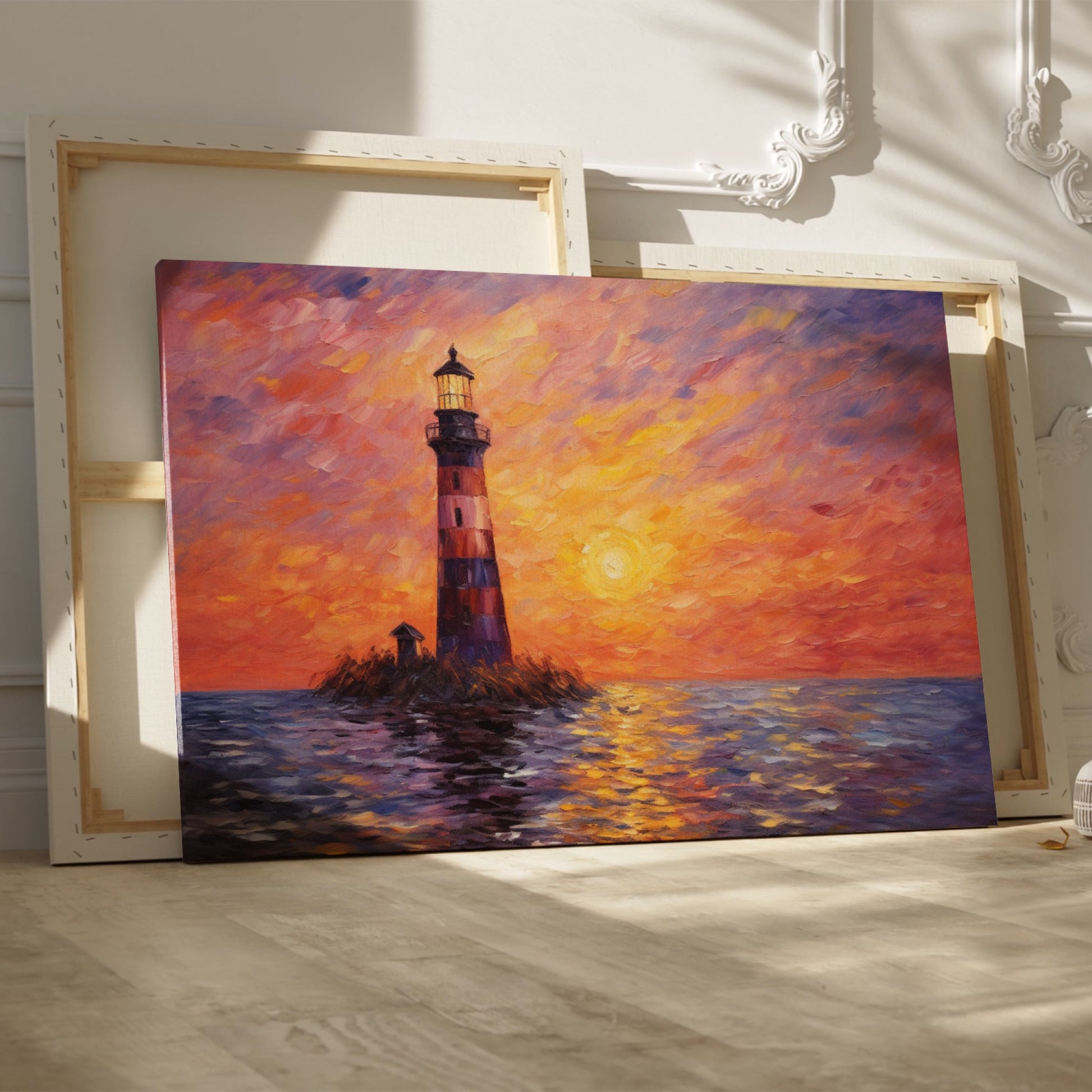 Impressionistic painting of a lighthouse at sunset with orange sky and blue sea