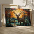 Artistic canvas of a stag in an autumn-toned forest with stylized trees and foliage