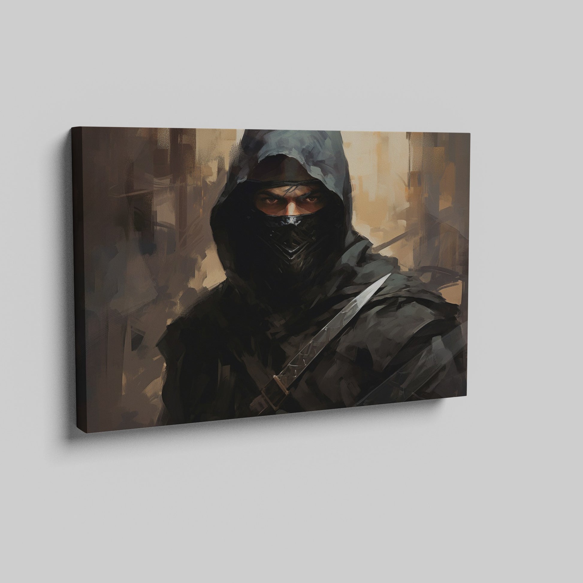 Framed canvas print of a dark and mysterious ninja warrior with intense gaze and sword