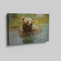 Framed canvas print of an impressionistic painting of a brown bear in a tranquil river setting with lush greenery