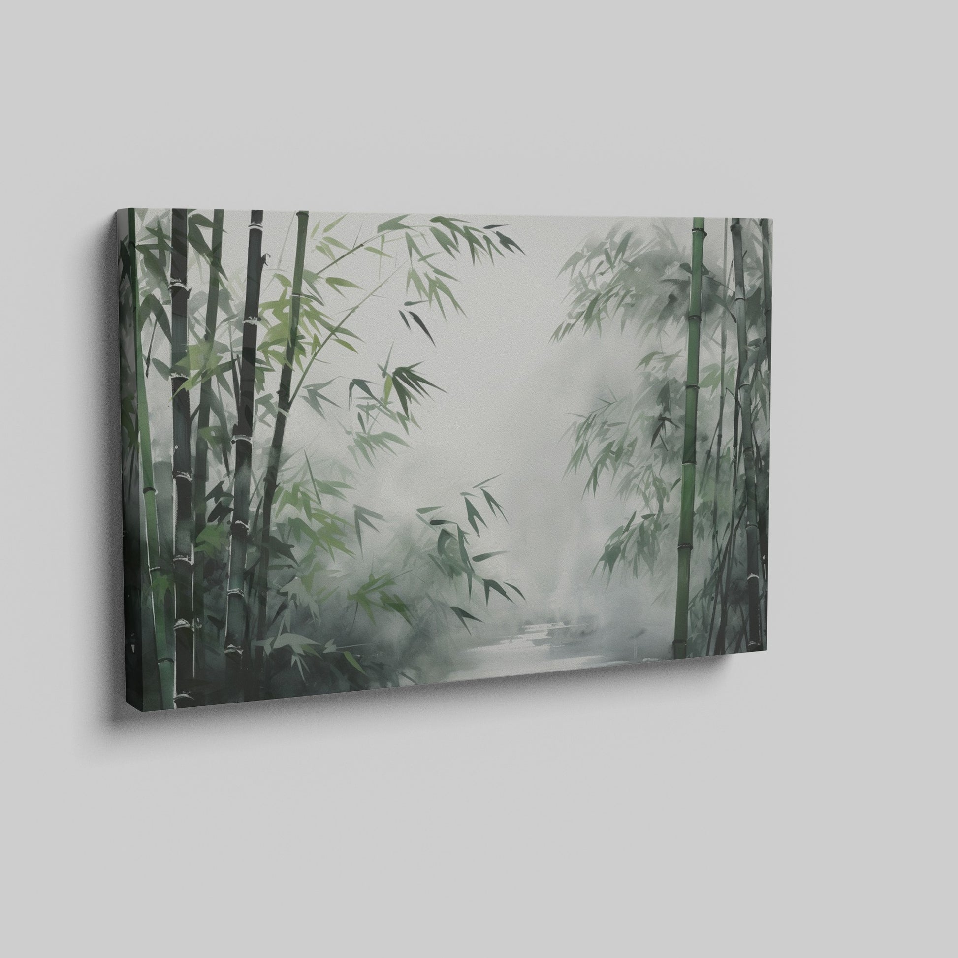 Framed canvas print of a misty oriental bamboo forest in ink wash style