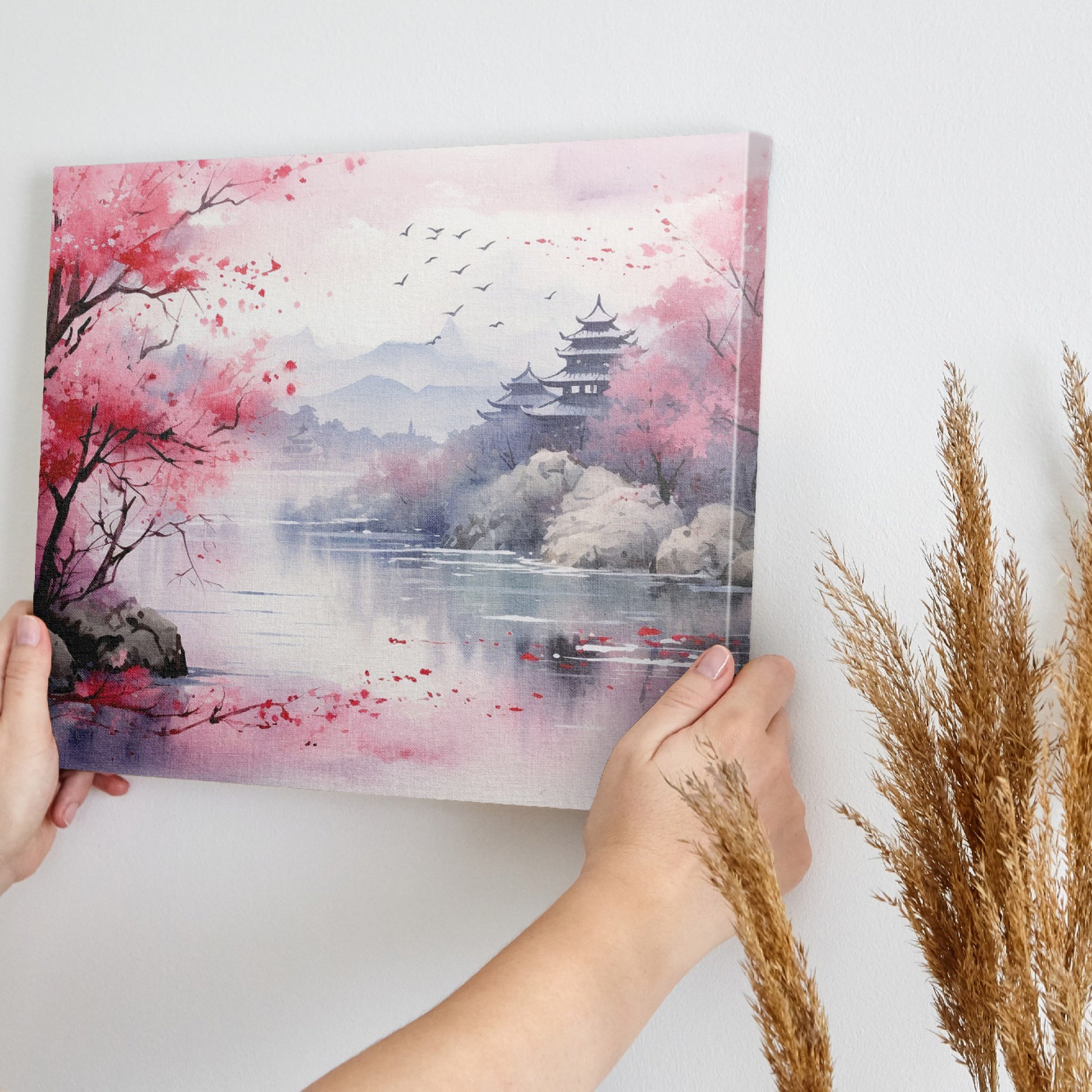 Framed canvas print of Oriental watercolour landscape with pink cherry blossoms, serene lake, and pagoda