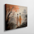 Framed canvas print of oriental scenery with two figures, autumn trees, and a pagoda