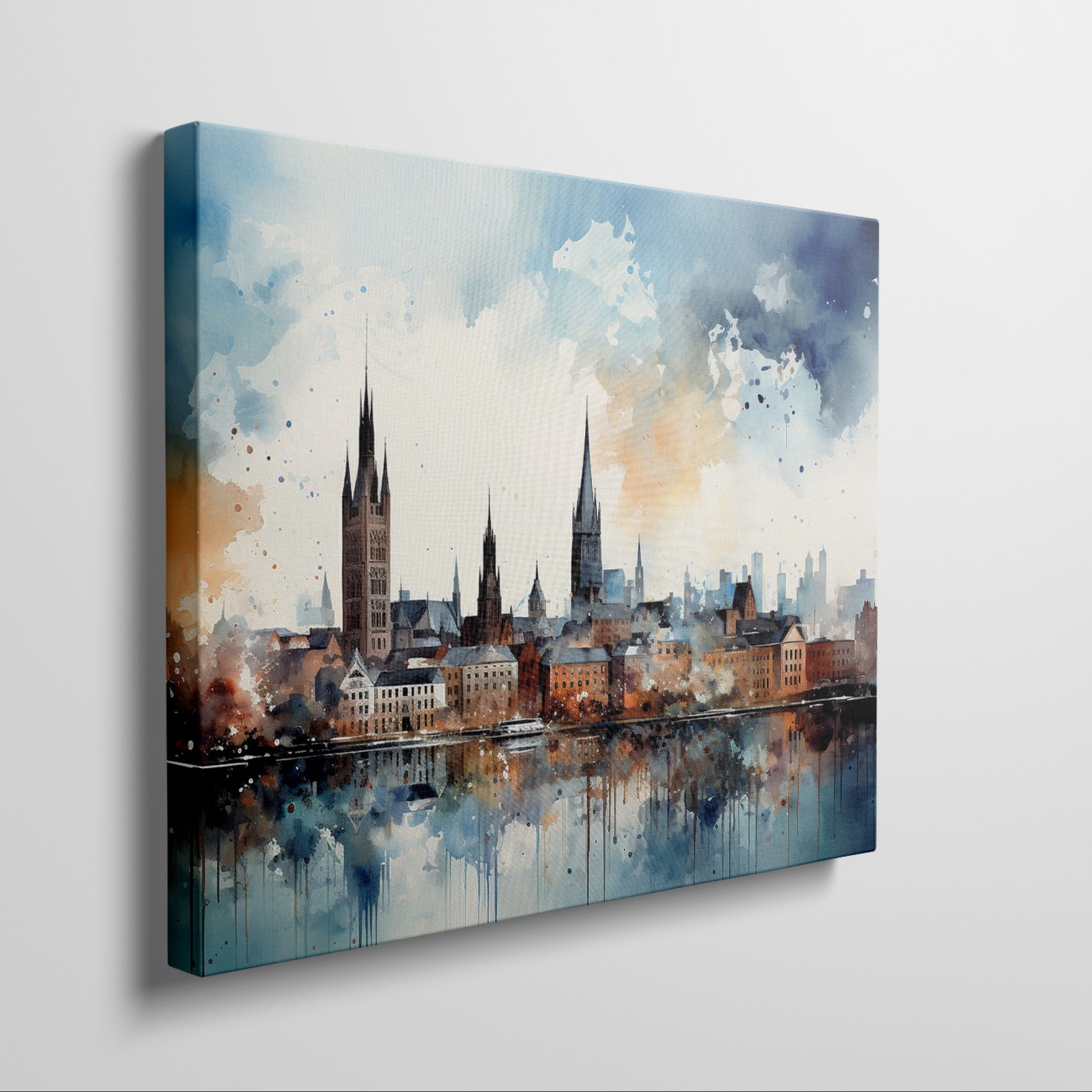 Framed canvas print of abstract watercolour cityscape with vibrant blue, orange and black tones