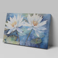 Framed canvas print of tranquil water lilies in watercolour blues and whites