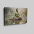 Framed canvas print of a serene Buddha sitting in meditation with a reflective water effect