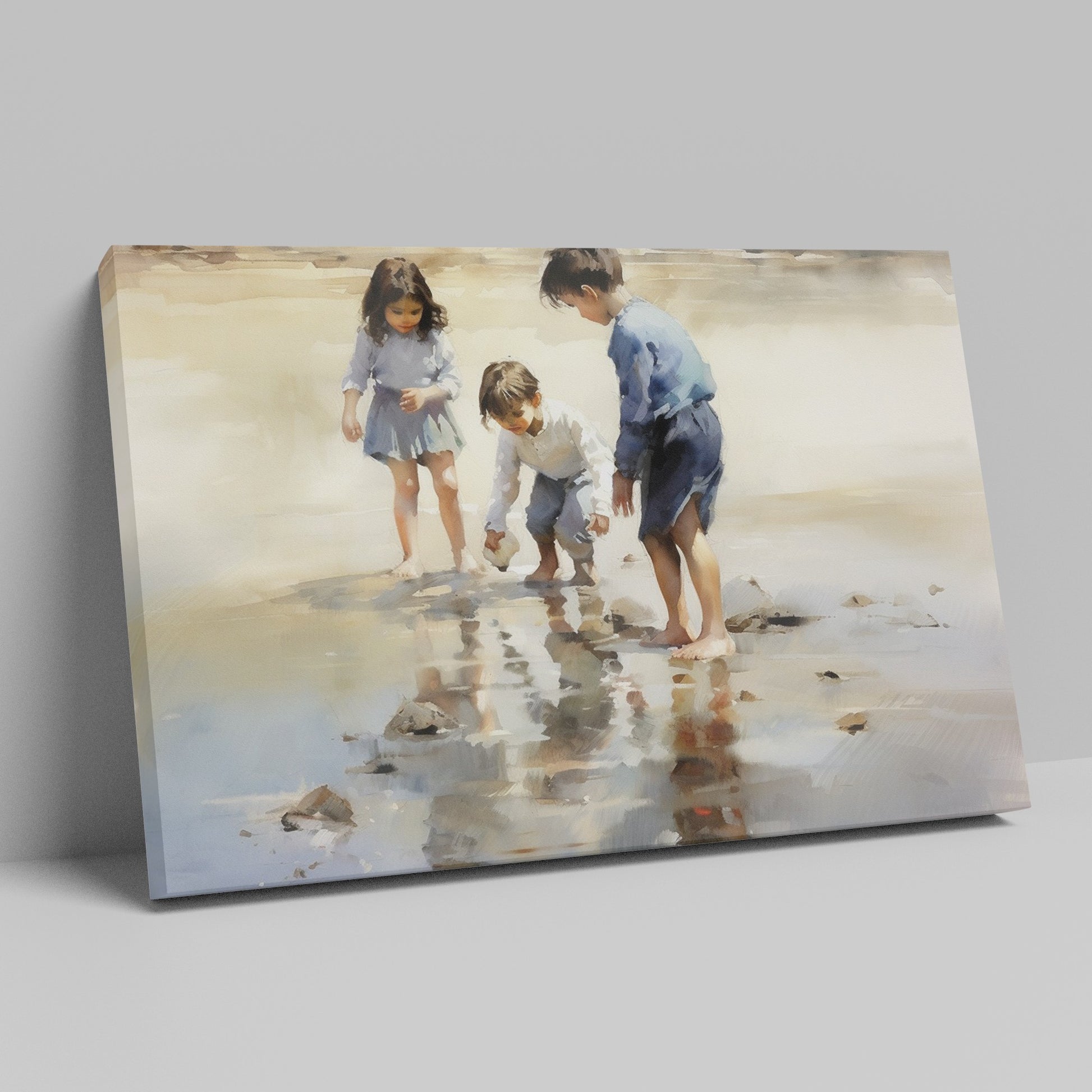 Framed canvas print of children playing by the seashore with a watercolor effect