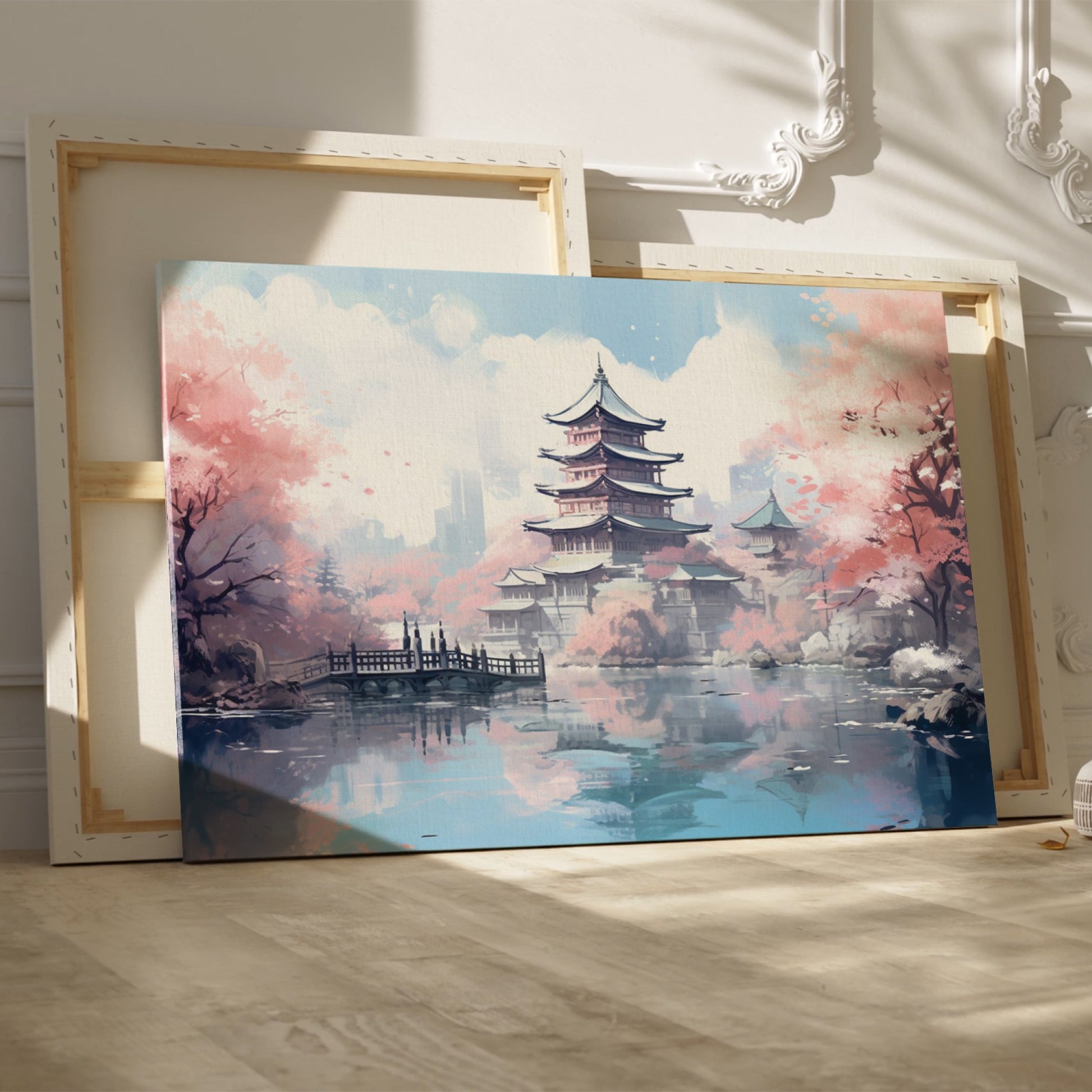 Framed canvas print of a Japanese pagoda surrounded by cherry blossoms and reflected in a tranquil pond