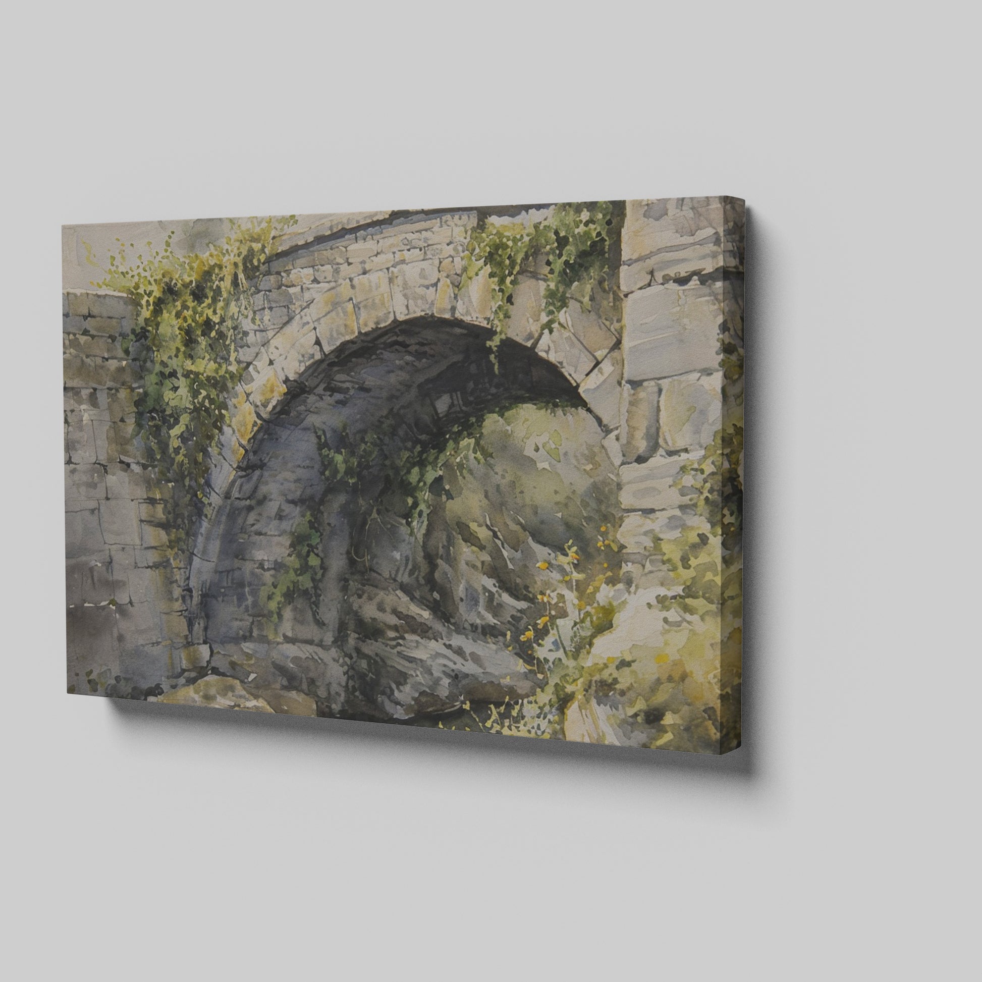 Framed canvas print of a rustic stone bridge with ivy in watercolour style