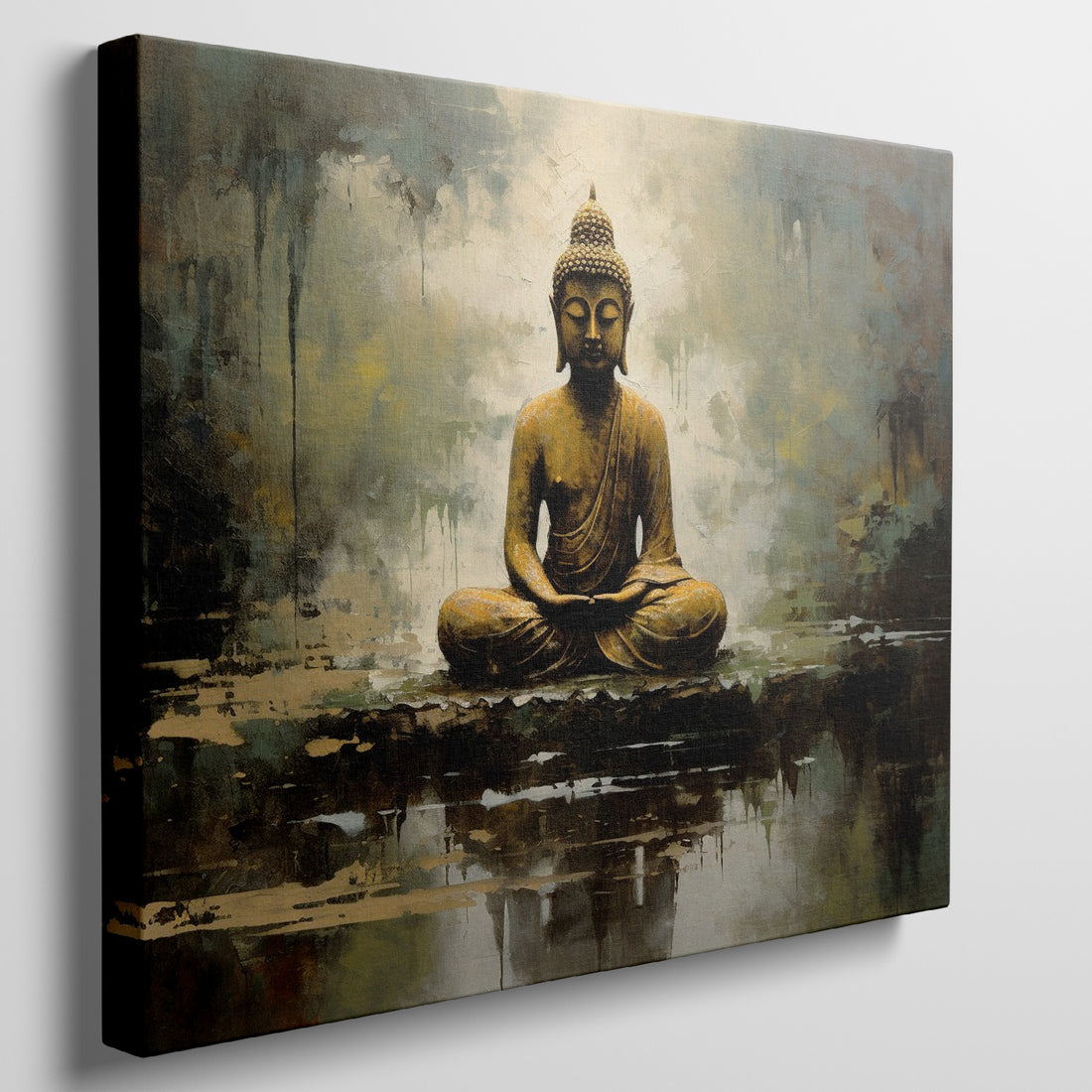 Framed canvas print of a serene and textured Golden Buddha on an abstract background