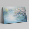 Framed canvas print of serene riverscape with cherry blossoms in impressionist style