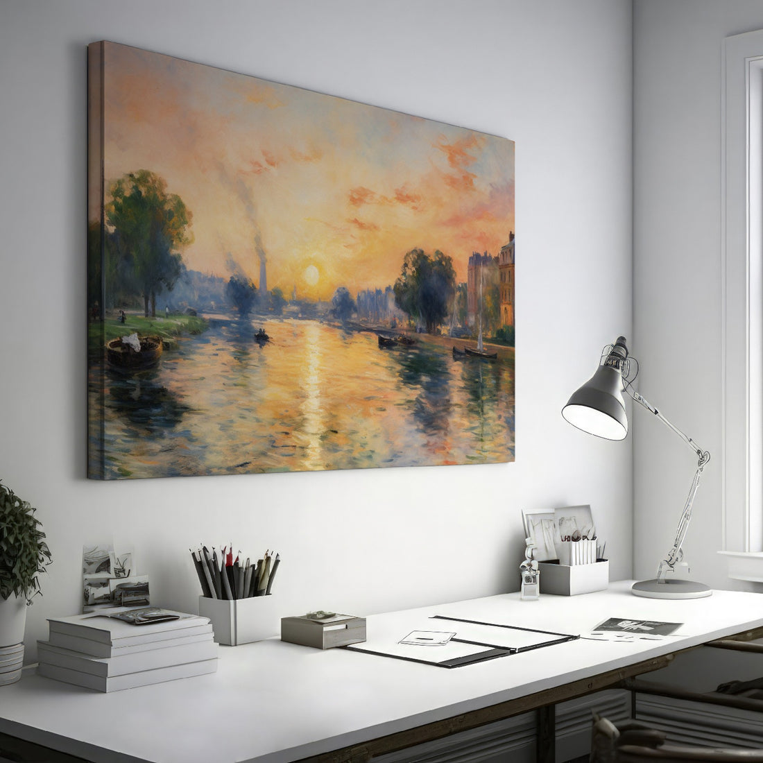 Framed canvas print of an Impressionist-style river scene with a sunset, reflective water and boats