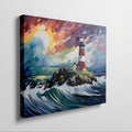 Abstract painting of a lighthouse with colorful brush strokes representing waves and sunset