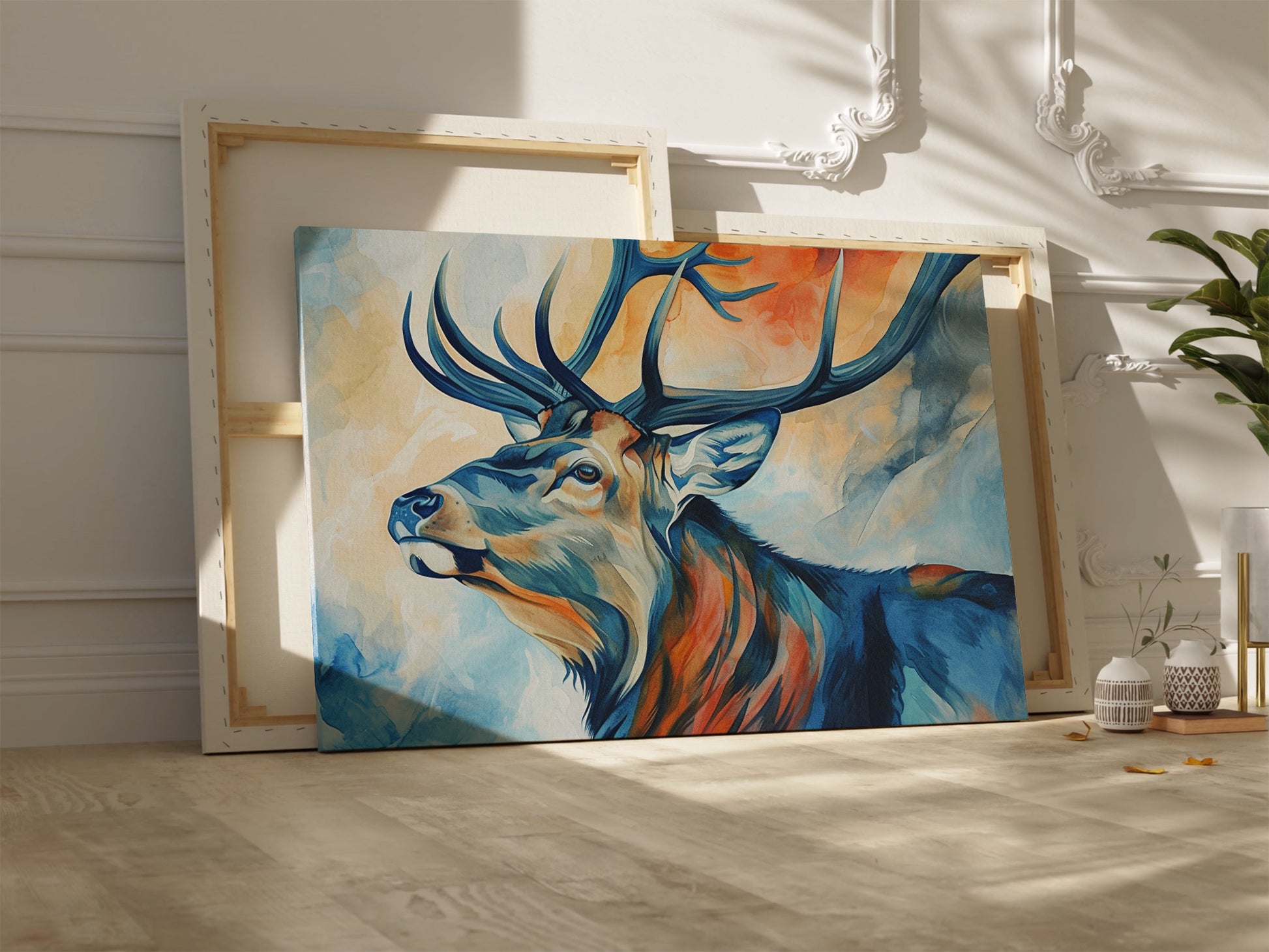 Framed canvas print of a majestic stag in vibrant colours