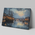 Framed canvas print of historical harbour at sunset with ships and city lights