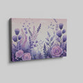 Framed canvas print of stylised floral meadow with pastel purple and pink tones