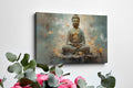 Framed canvas print of serene Buddha in meditation with abstract blue and orange background