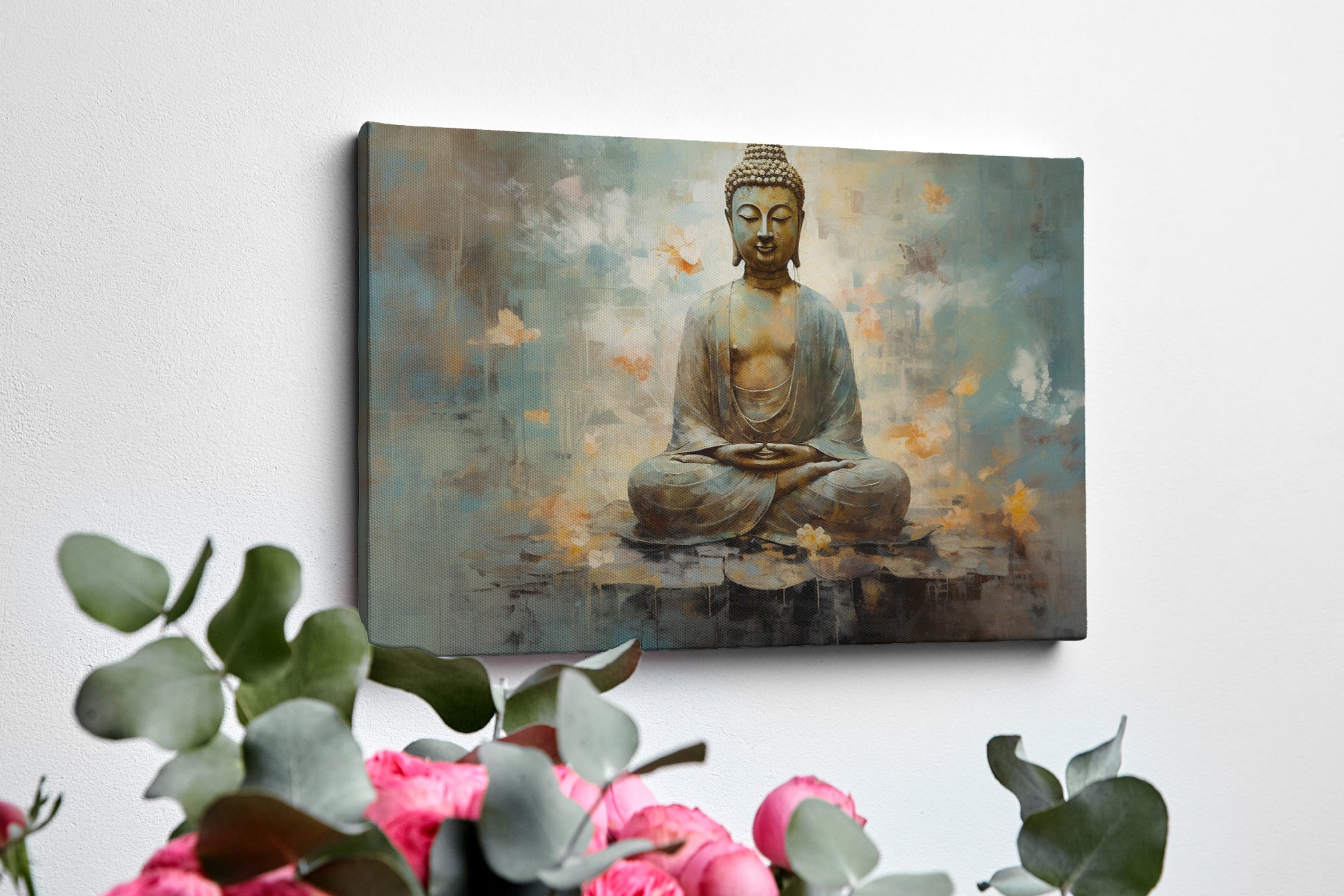 Framed canvas print of serene Buddha in meditation with abstract blue and orange background