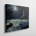 Framed canvas print of a stormy night seascape, with a red lighthouse and sailing boat under a moonlit sky