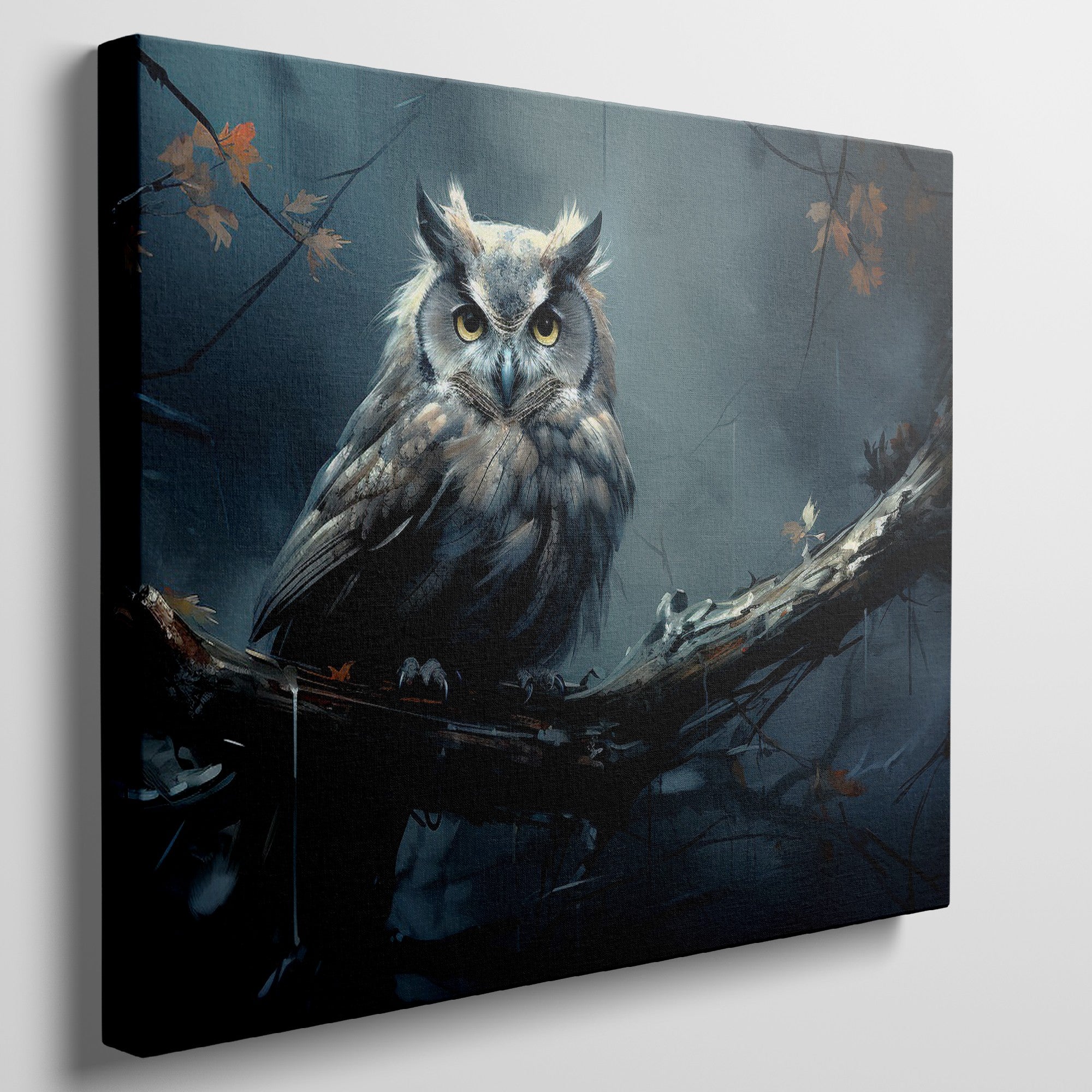 Framed canvas print of a mystical owl with amber eyes perched on a branch against a dark, moody background with autumn leaves