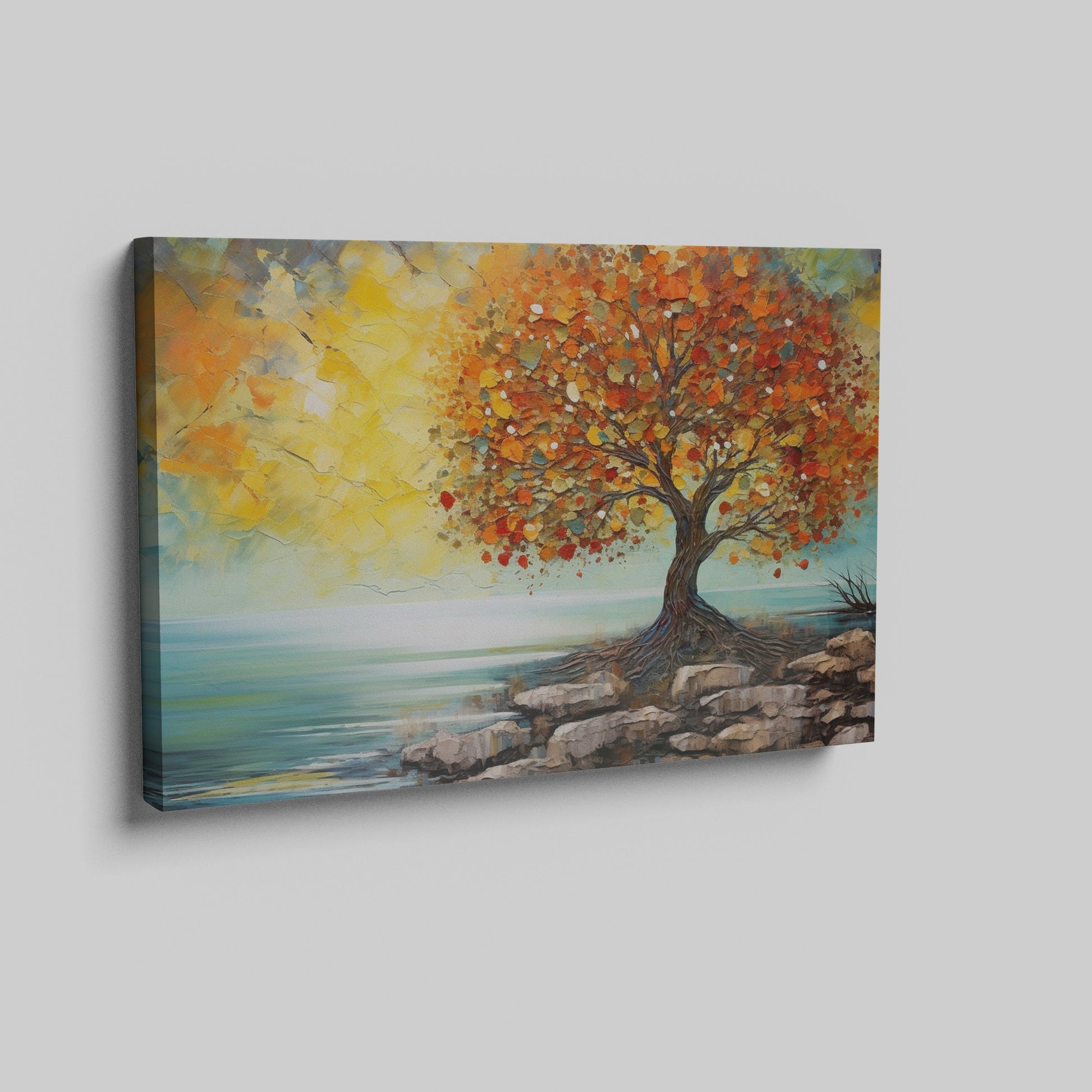 Impressionistic painting of a tree with golden autumn leaves by the coast on canvas