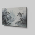 Framed canvas print of Oriental ink wash painting with misty mountains and pagoda