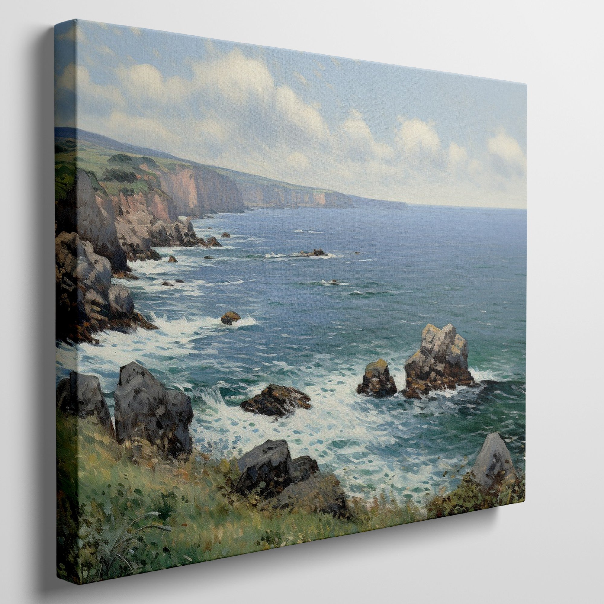 Framed canvas print of a stunning coastal cliff landscape with blue ocean and sunny skies