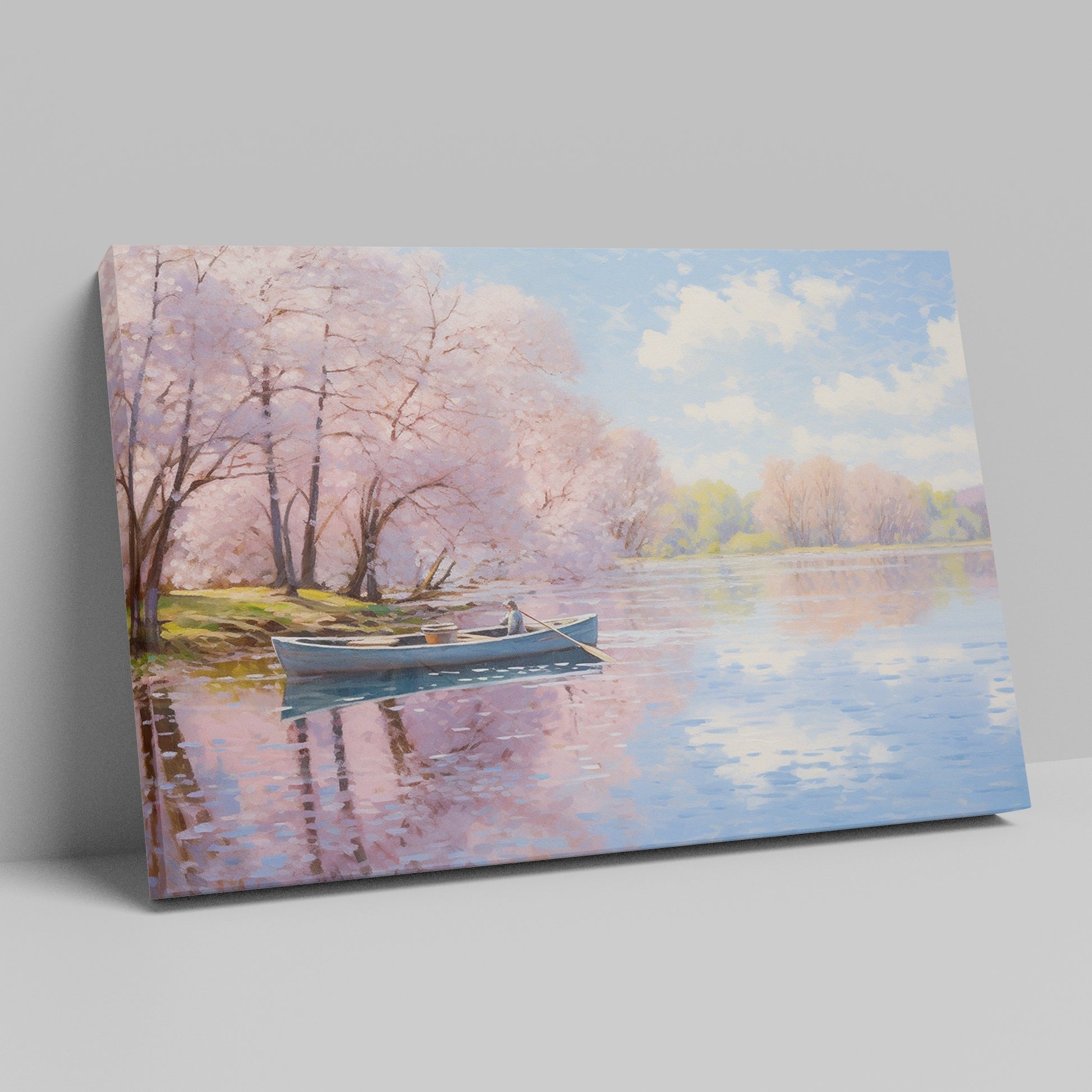 Framed canvas print of a serene river scene with cherry blossoms and a small boat