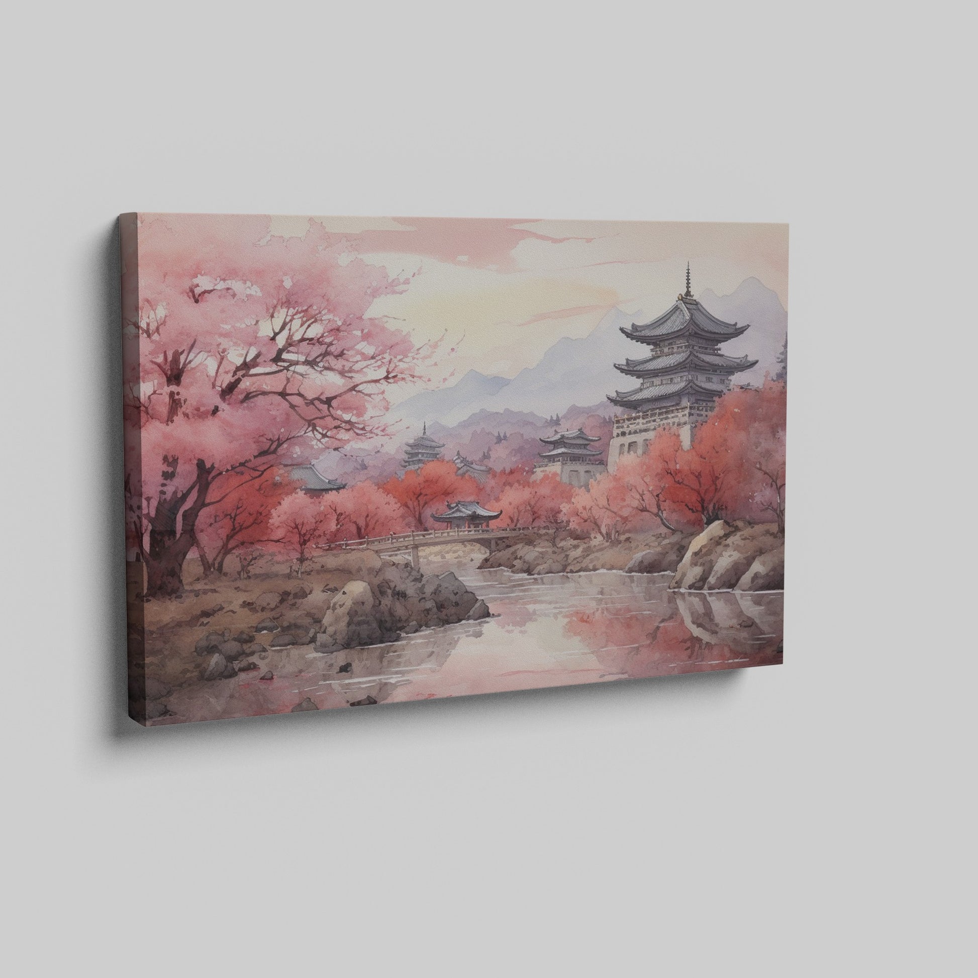 Framed canvas print of a traditional Asian cherry blossom landscape with pagodas and a serene river