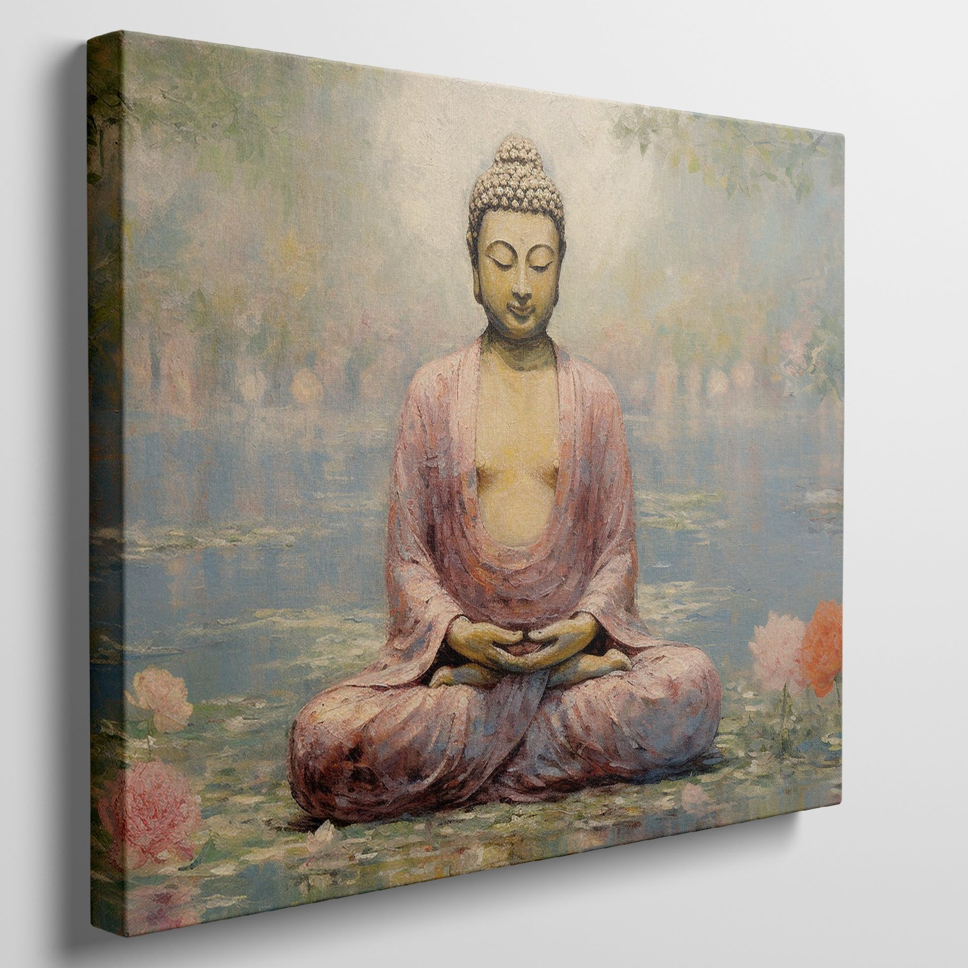 Framed canvas print of a serene Buddha in meditative pose with lotus flowers and reflective water