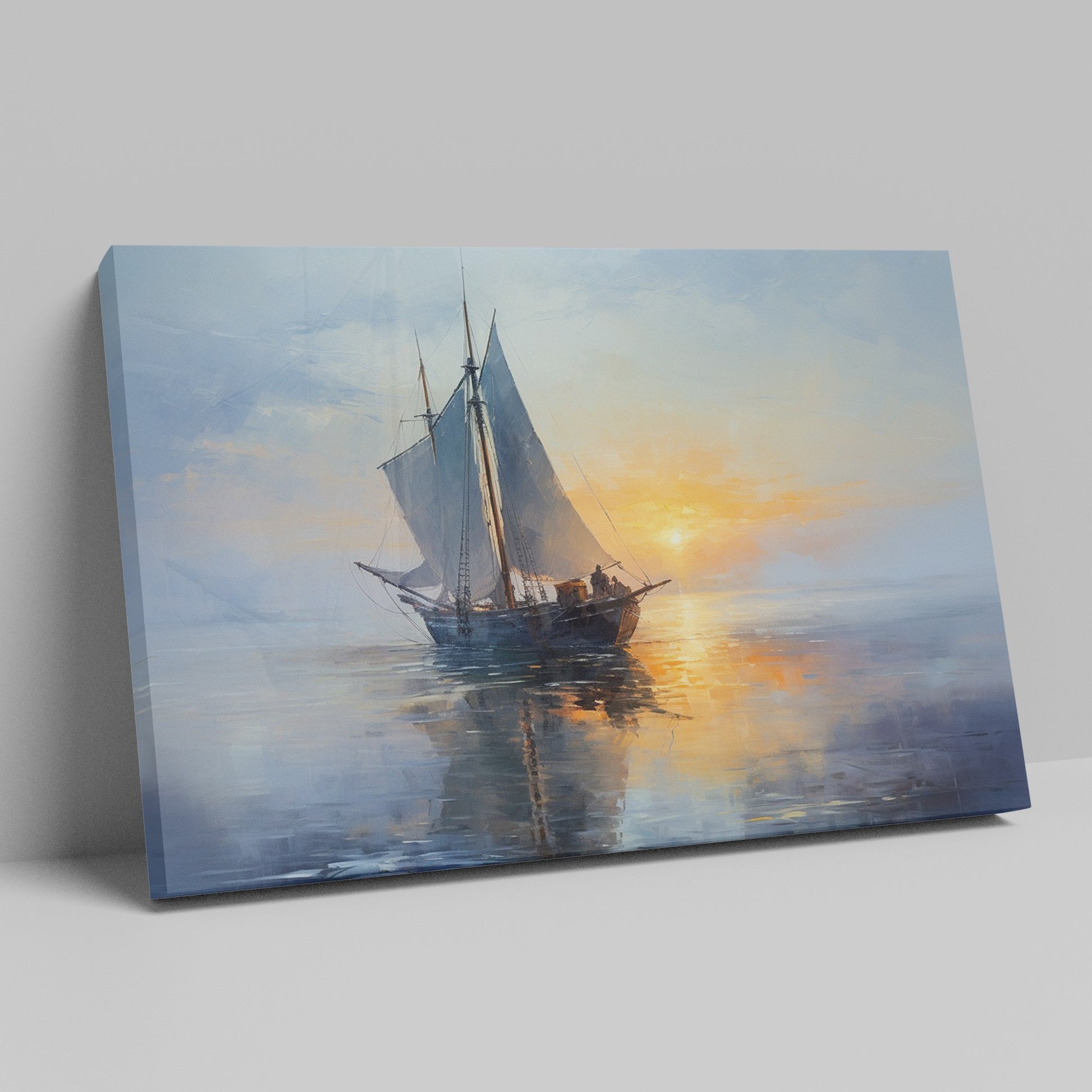 Framed canvas print of an impressionist painting depicting a sailing ship at sunset with warm hues and a serene seascape