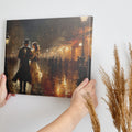 Framed canvas print of a Victorian couple on a romantic evening stroll on a rainy Paris street with warm glowing lights