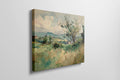 Framed canvas print of a watercolour countryside landscape with vibrant greens and soft skies