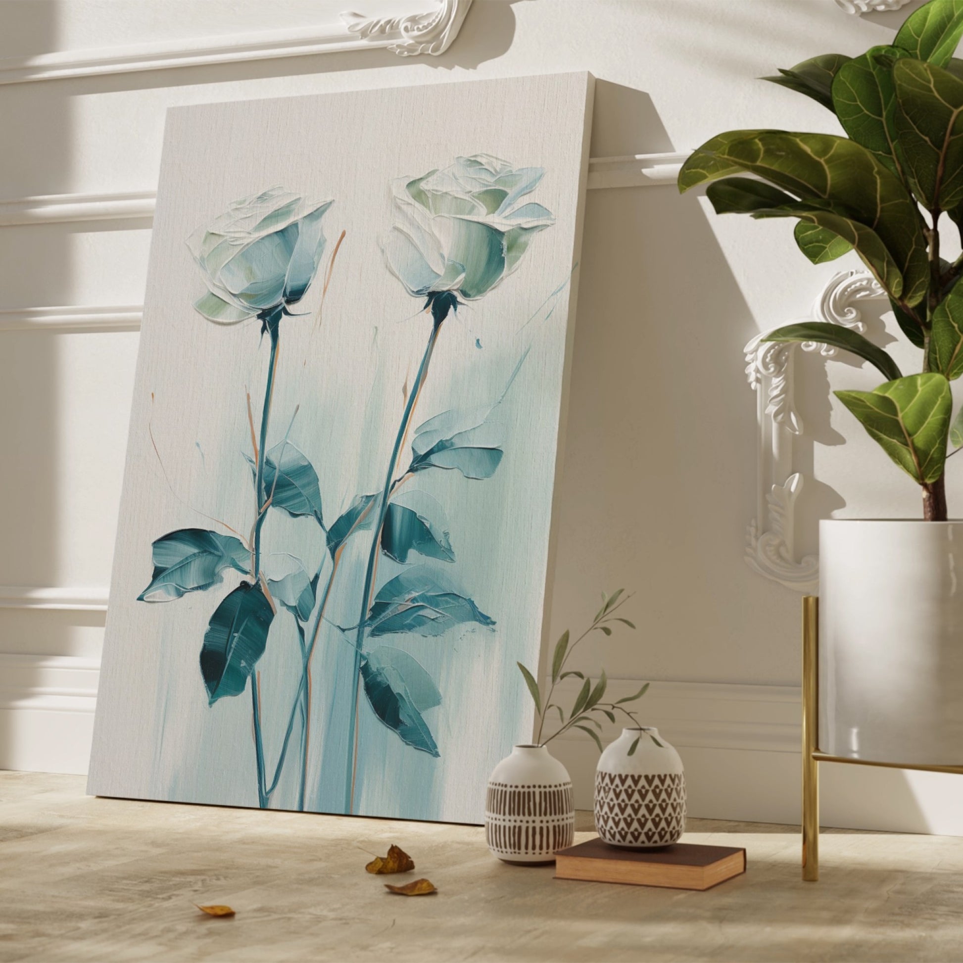 Framed canvas print of abstract blue roses with a textured appearance and soft colour palette