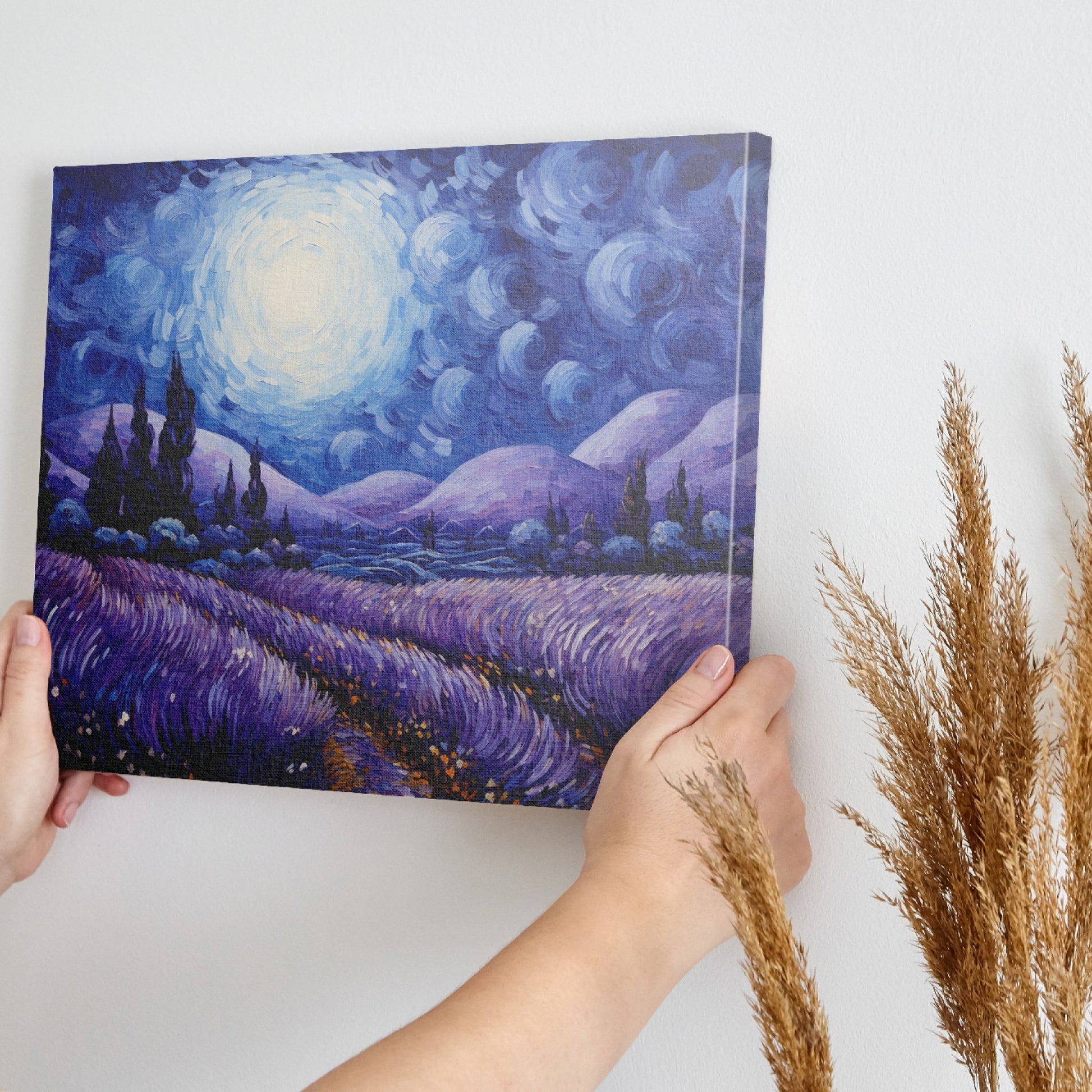 Framed canvas print of an impressionist-inspired landscape with lavender fields and swirling night sky