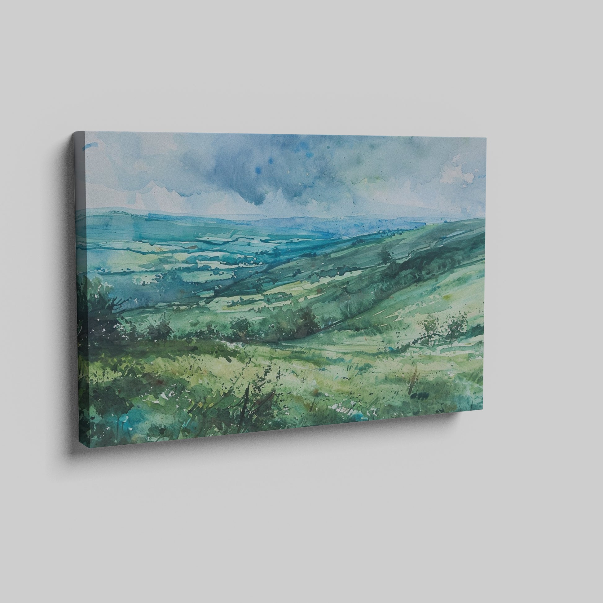 Framed canvas print of a watercolour countryside landscape with green rolling hills and vibrant skies